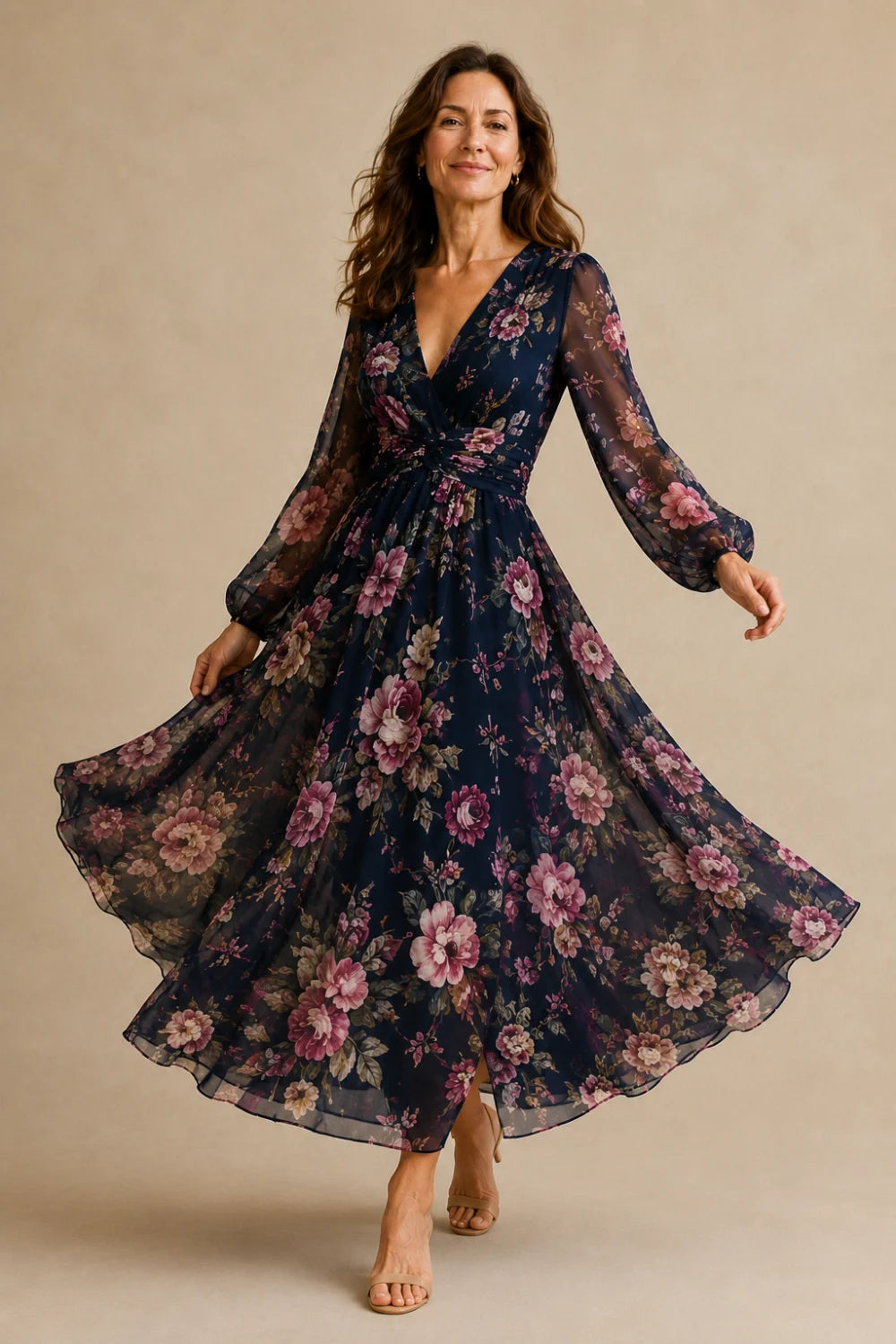 Navy Rose Floral Long-Sleeve Chiffon Maxi Dress