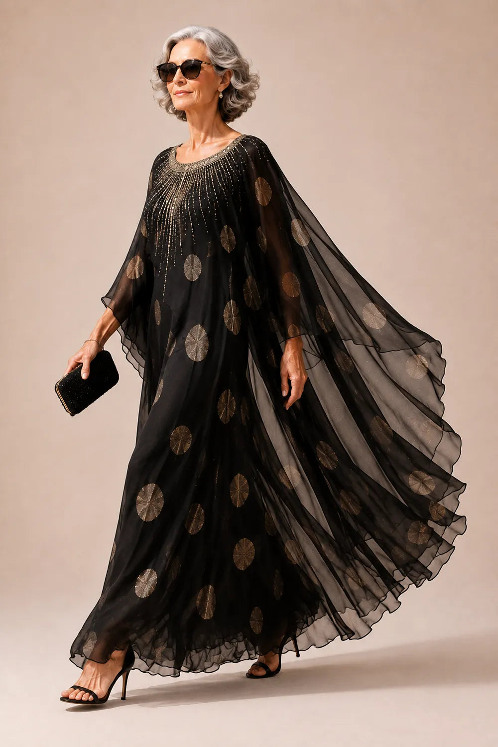Beaded Chiffon Kaftan Evening Gown