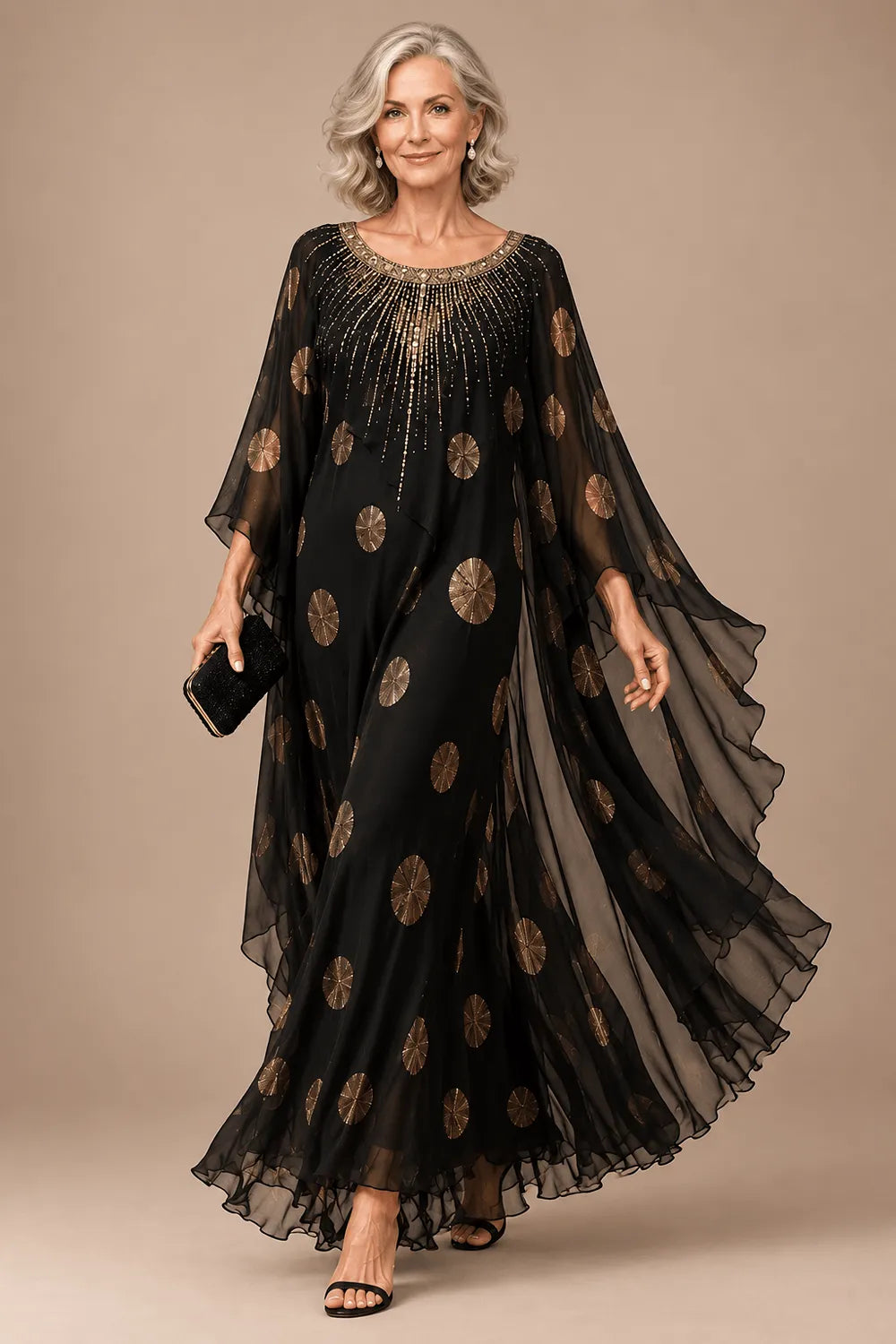 Beaded Chiffon Kaftan Evening Gown