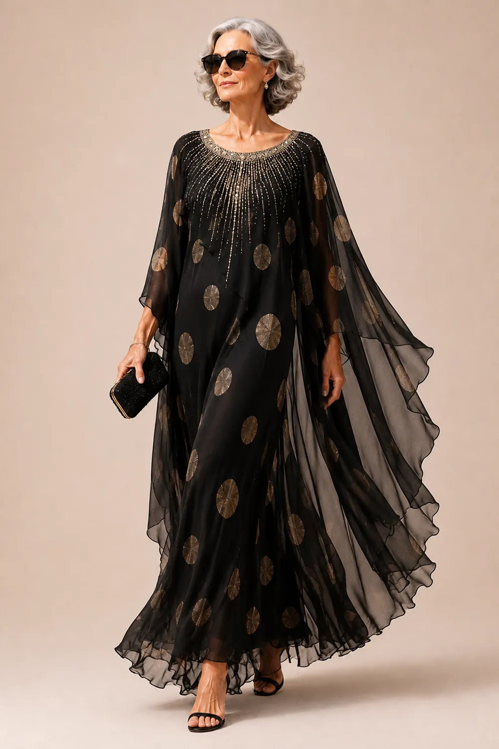 Beaded Chiffon Kaftan Evening Gown