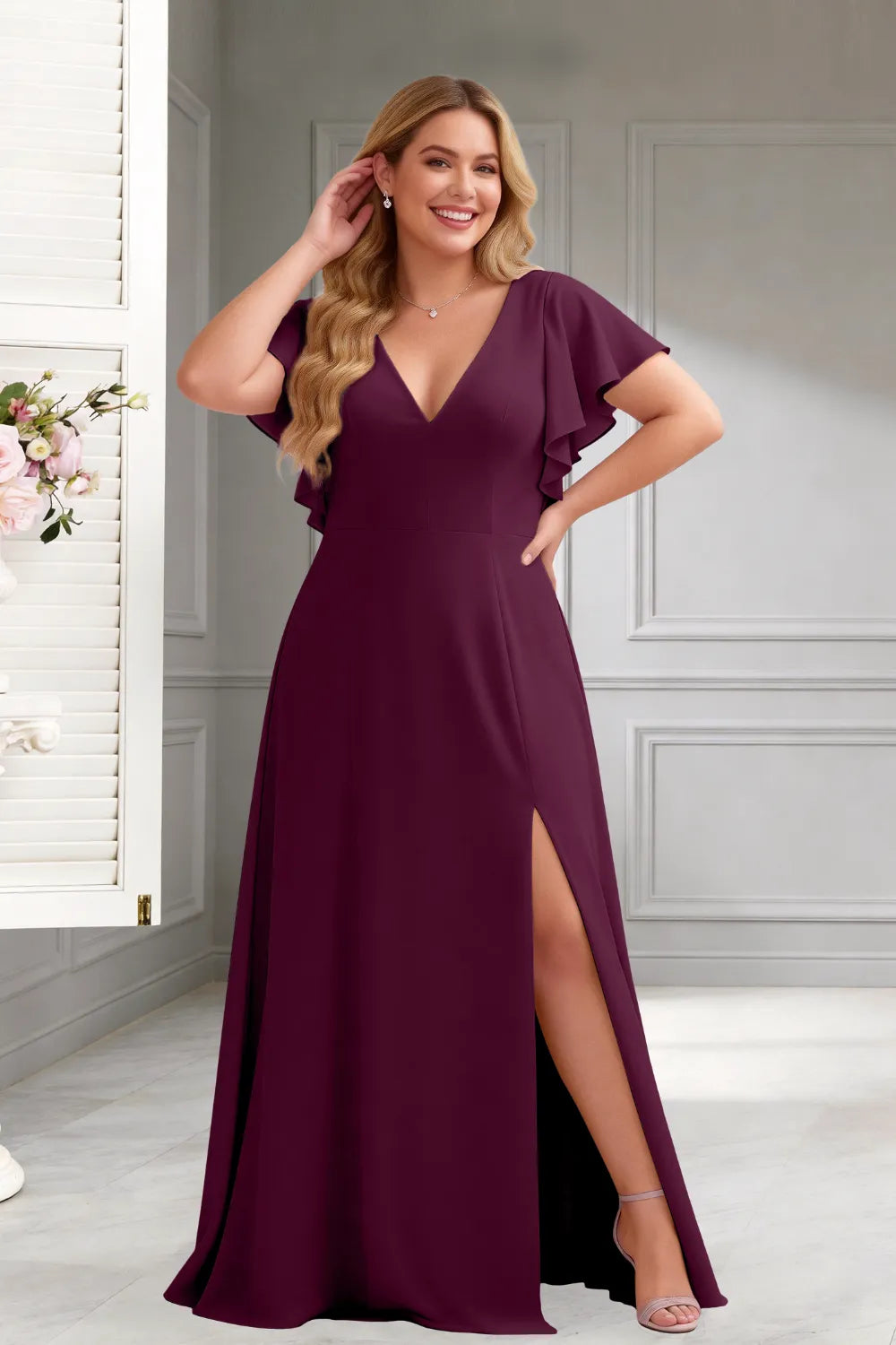 Classic V-Neck Ruffle Sleeve Formal Maxi Dress