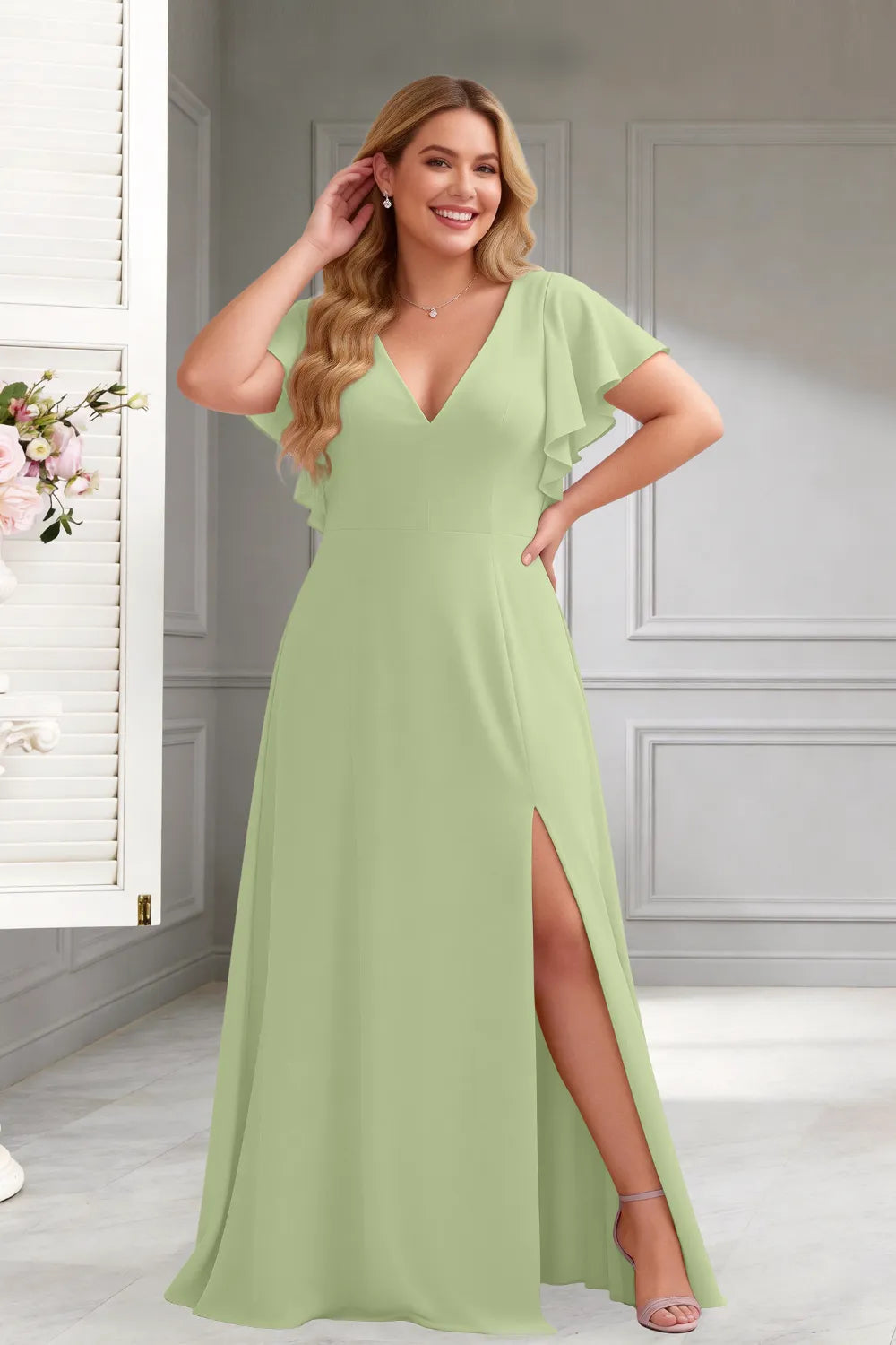 Classic V-Neck Ruffle Sleeve Formal Maxi Dress