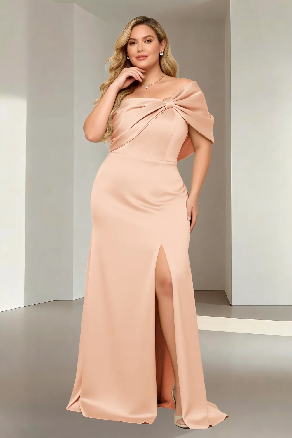 Aurora Off-Shoulder Bow Satin Evening Gown