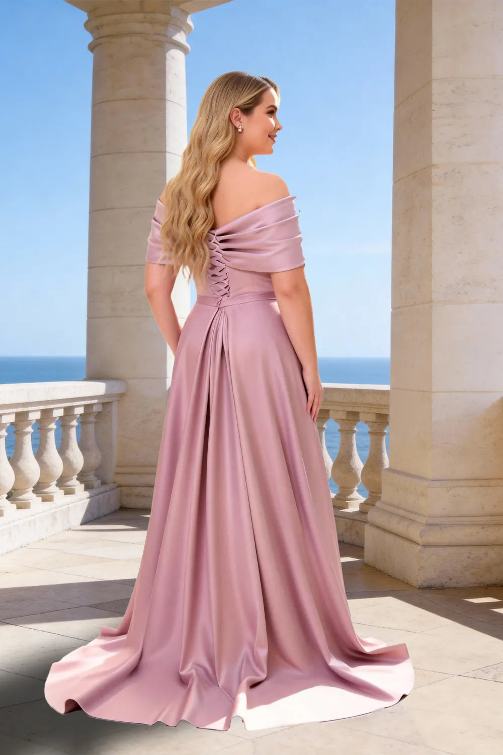 Elegant Off-Shoulder Ruched Satin A-Line Evening Gown
