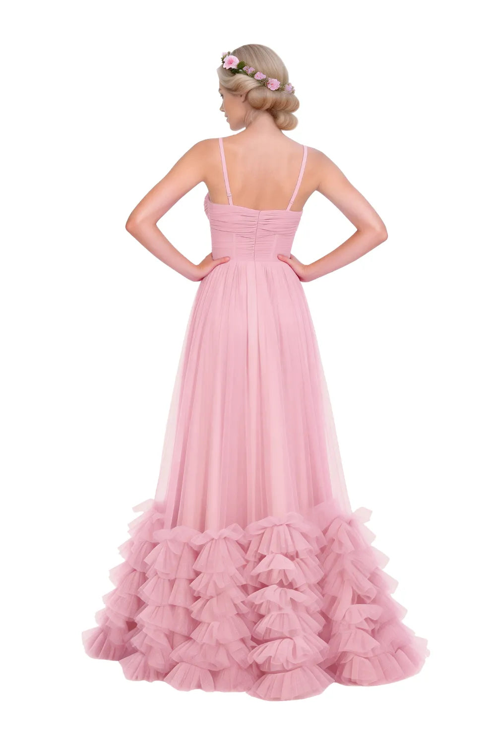 Strapless Ruffled Tulle Prom Ball Gown Dress