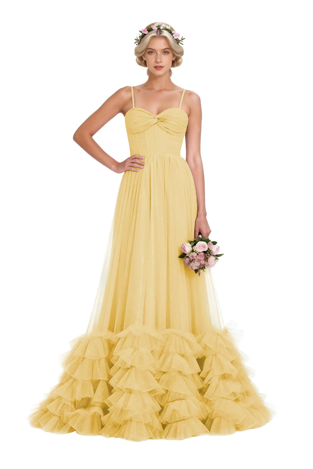 Strapless Ruffled Tulle Prom Ball Gown Dress