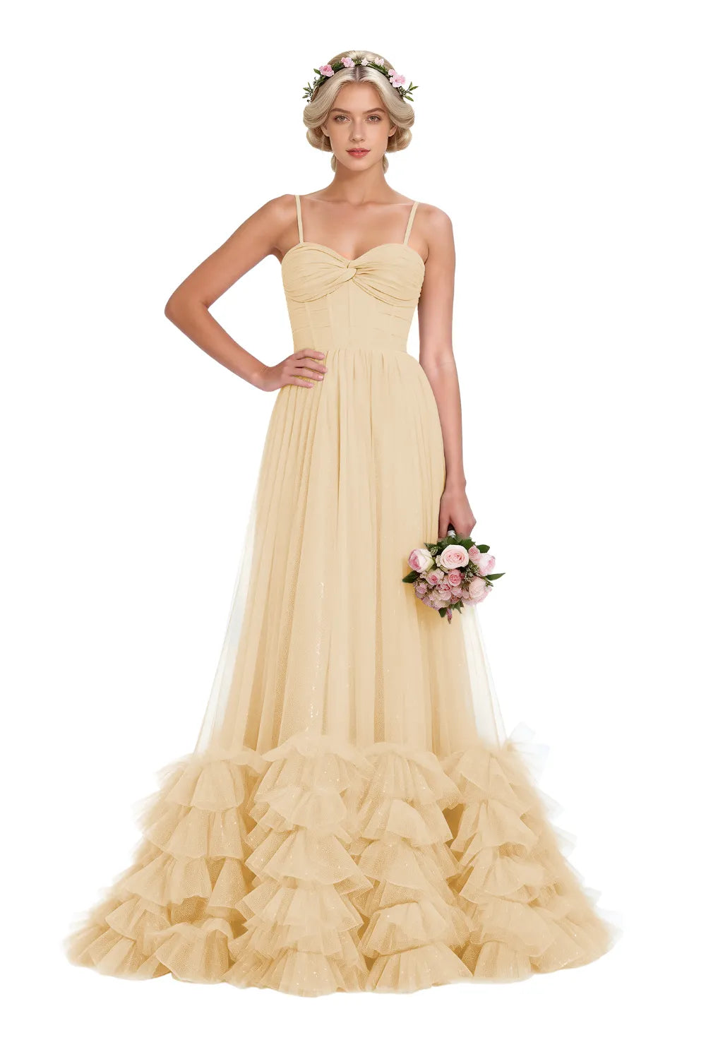 Strapless Ruffled Tulle Prom Ball Gown Dress
