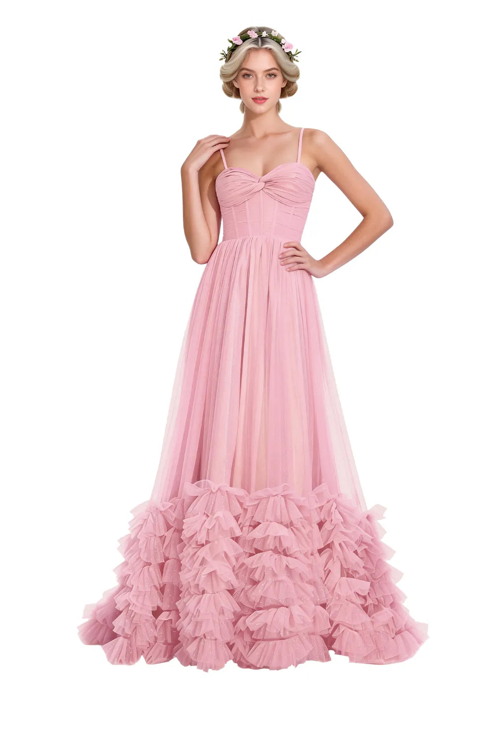 Strapless Ruffled Tulle Prom Ball Gown Dress