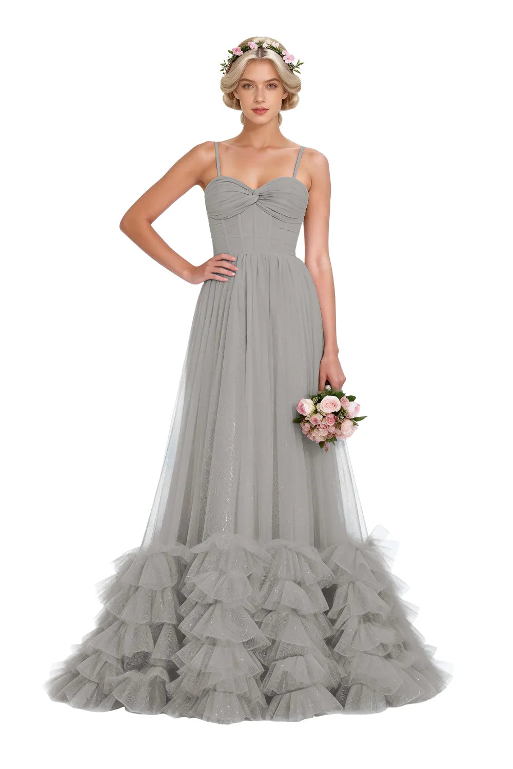 Strapless Ruffled Tulle Prom Ball Gown Dress