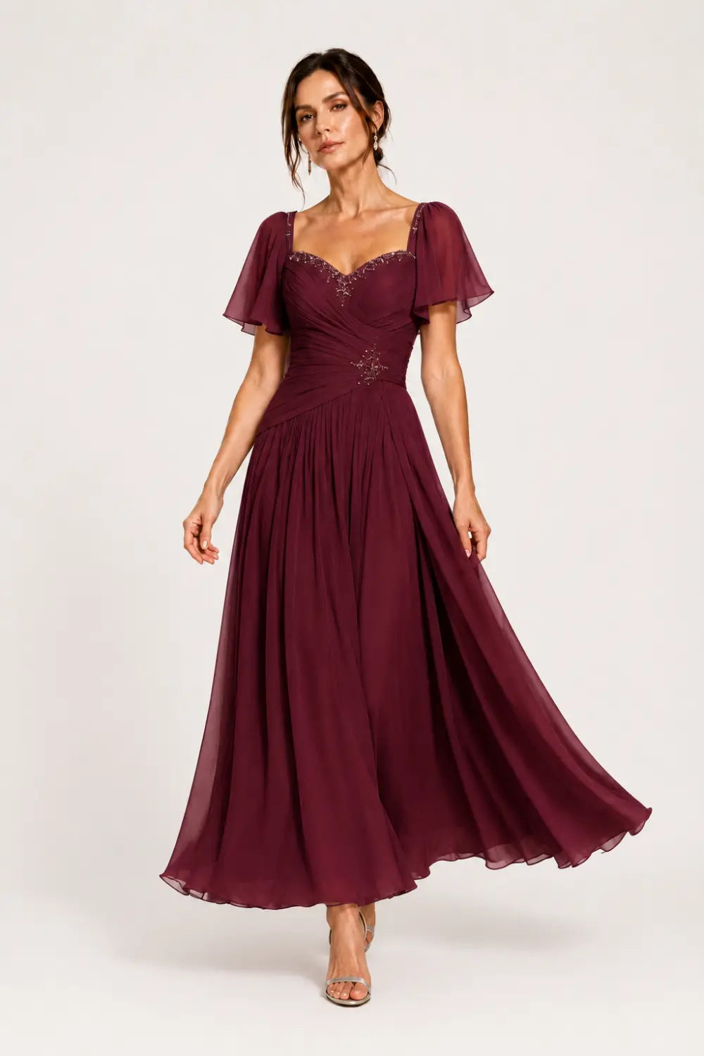 Pleated Chiffon Flutter Sleeve Formal Dress