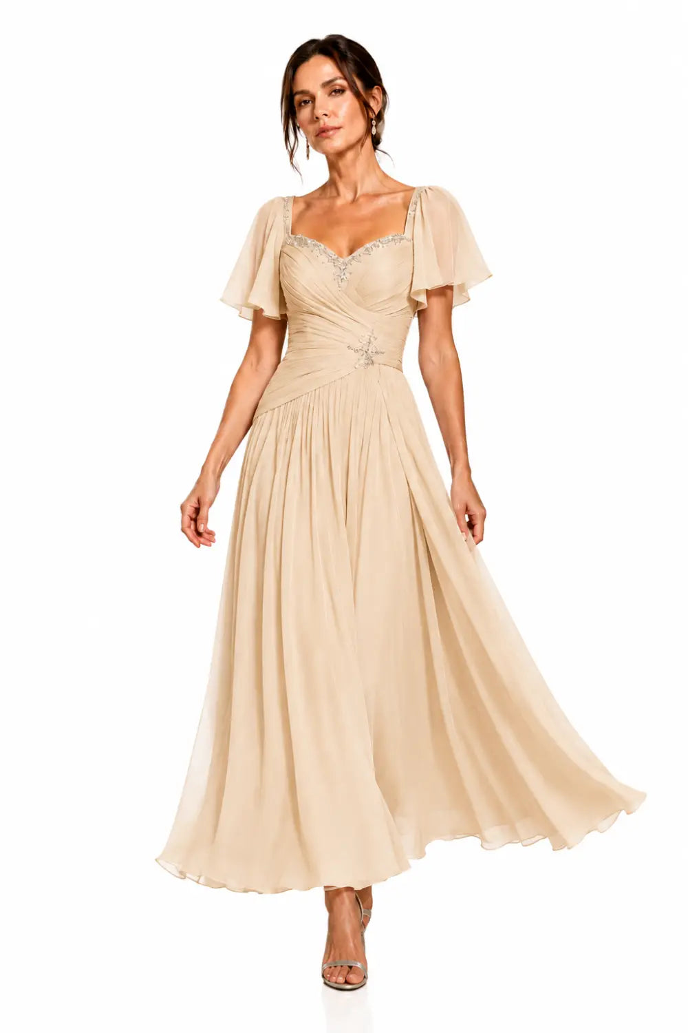 Pleated Chiffon Flutter Sleeve Formal Dress