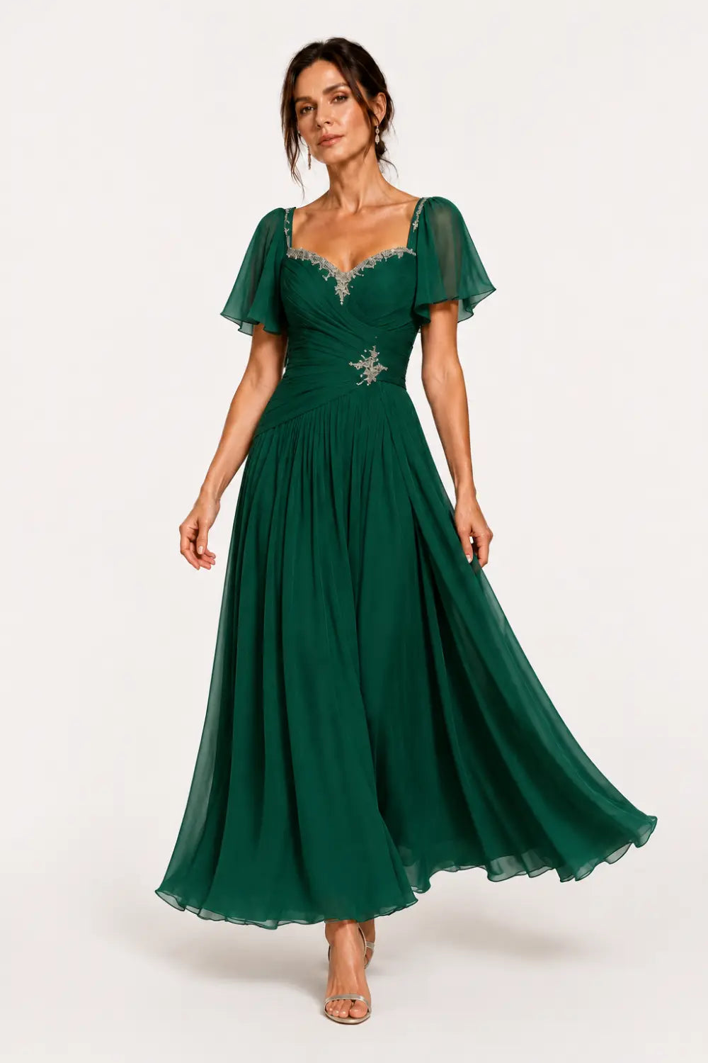 Pleated Chiffon Flutter Sleeve Formal Dress