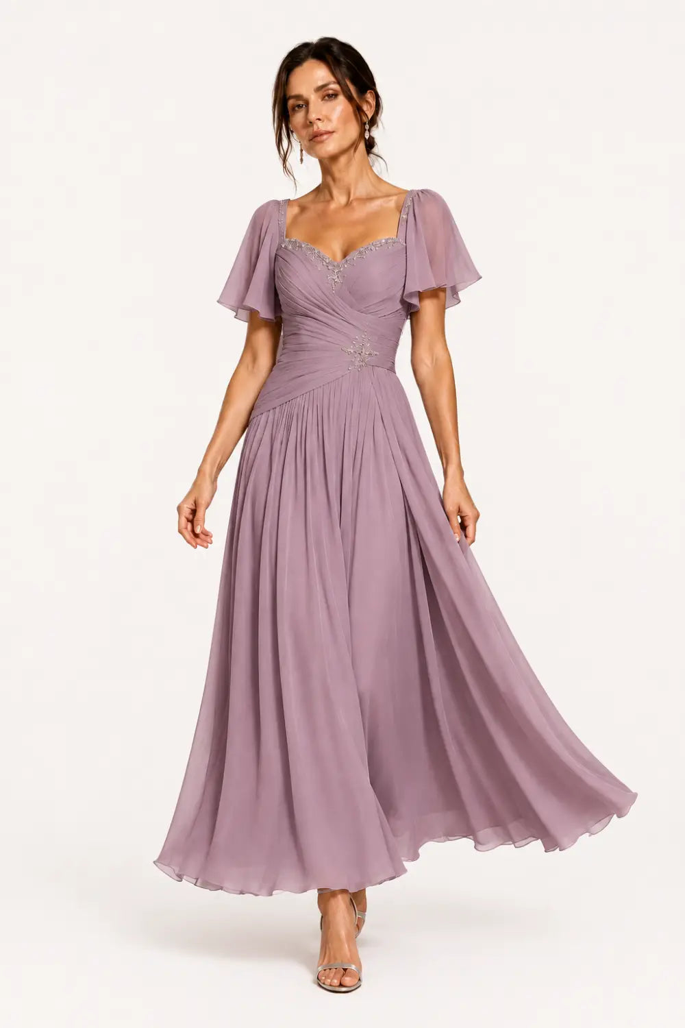Pleated Chiffon Flutter Sleeve Formal Dress