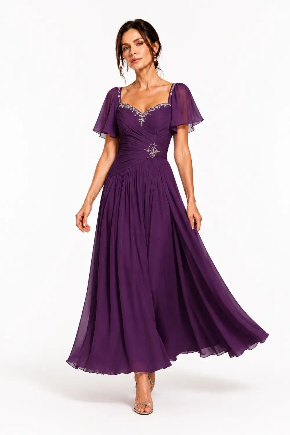 Pleated Chiffon Flutter Sleeve Formal Dress