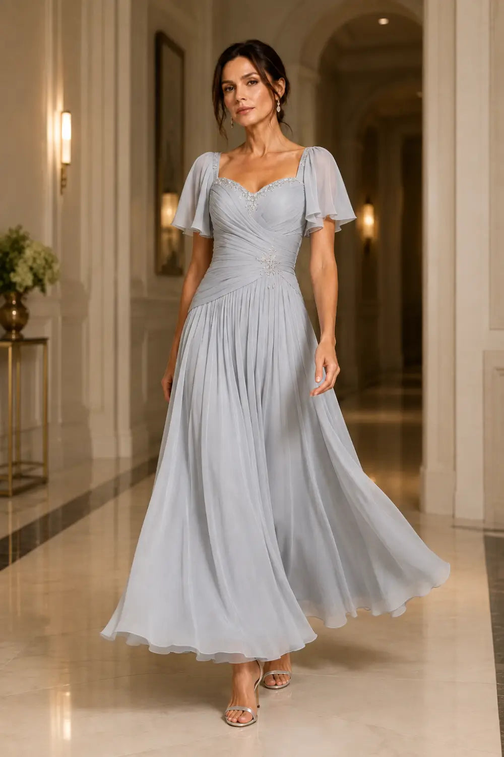 Pleated Chiffon Flutter Sleeve Formal Dress