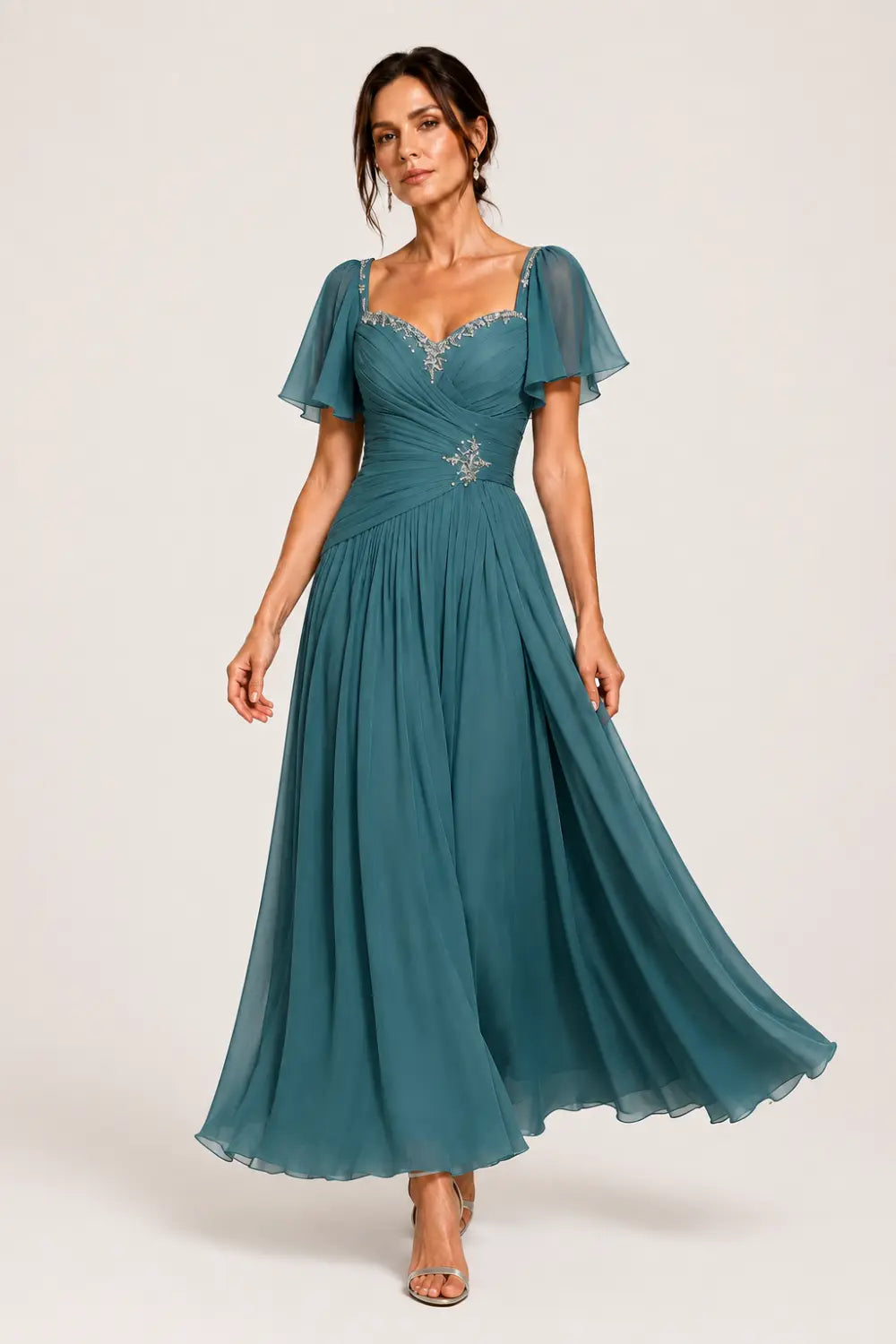 Pleated Chiffon Flutter Sleeve Formal Dress