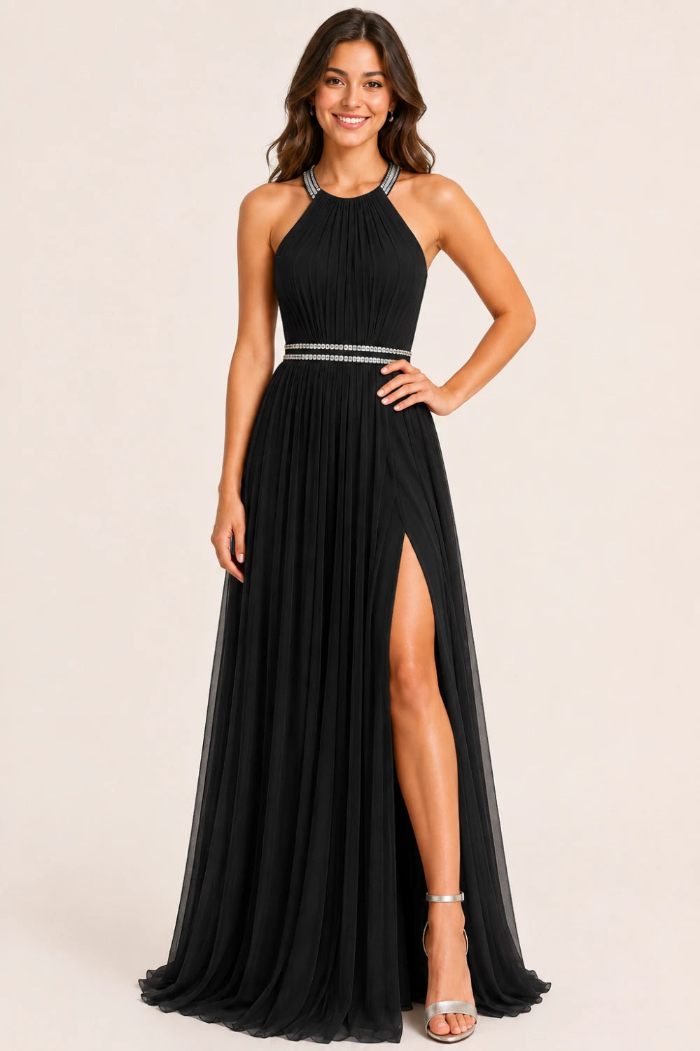 Pleated Mesh Halter Formal Dress with Thigh-High Slit