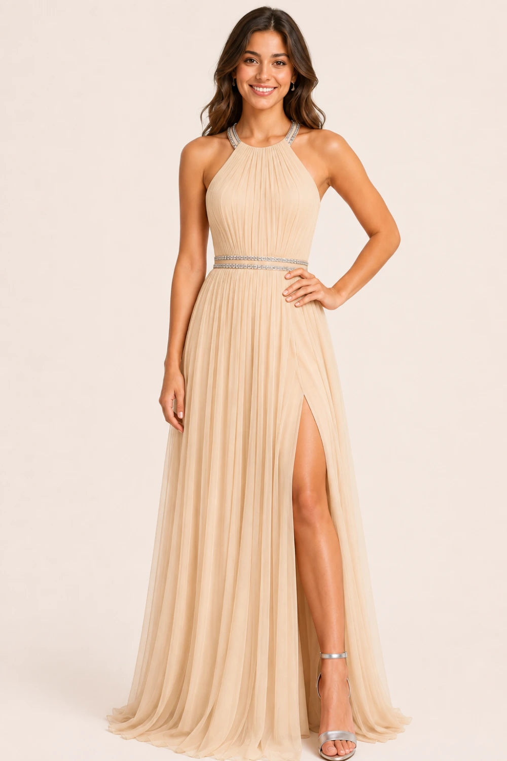 Pleated Mesh Halter Formal Dress with Thigh-High Slit