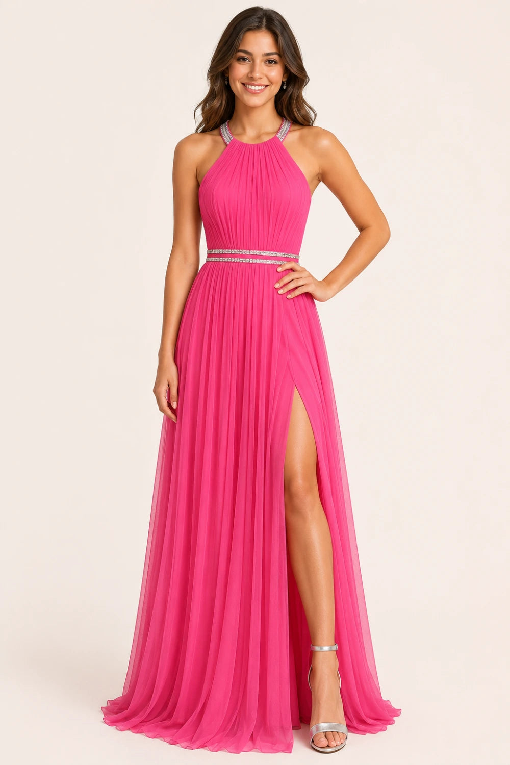 Pleated Mesh Halter Formal Dress with Thigh-High Slit