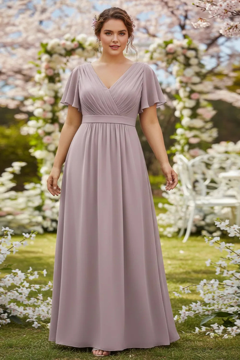 Elegant V-Neck Chiffon Maxi Dress with Ruffle Sleeves