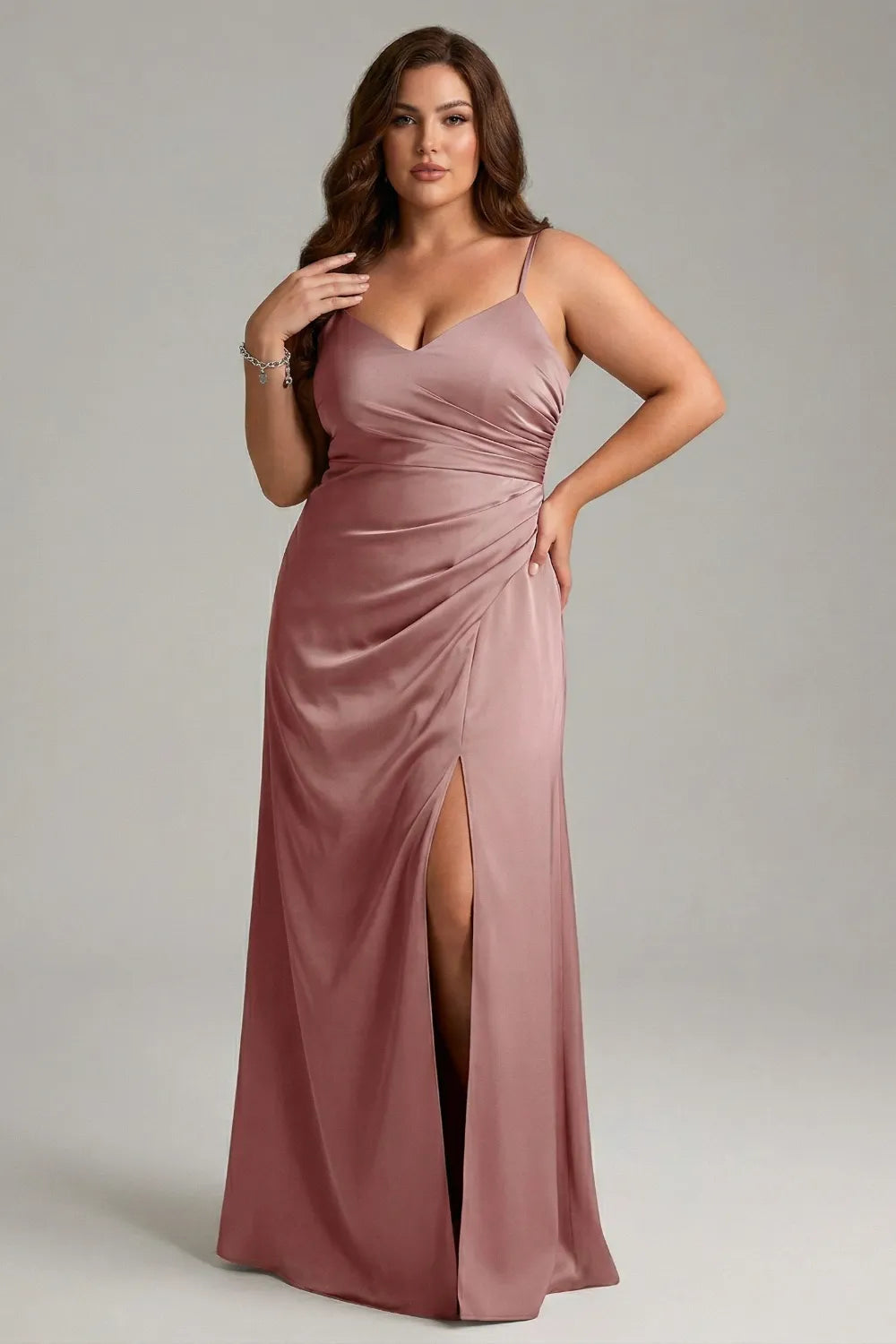 Plus Size Satin Slit Maxi Formal Dress