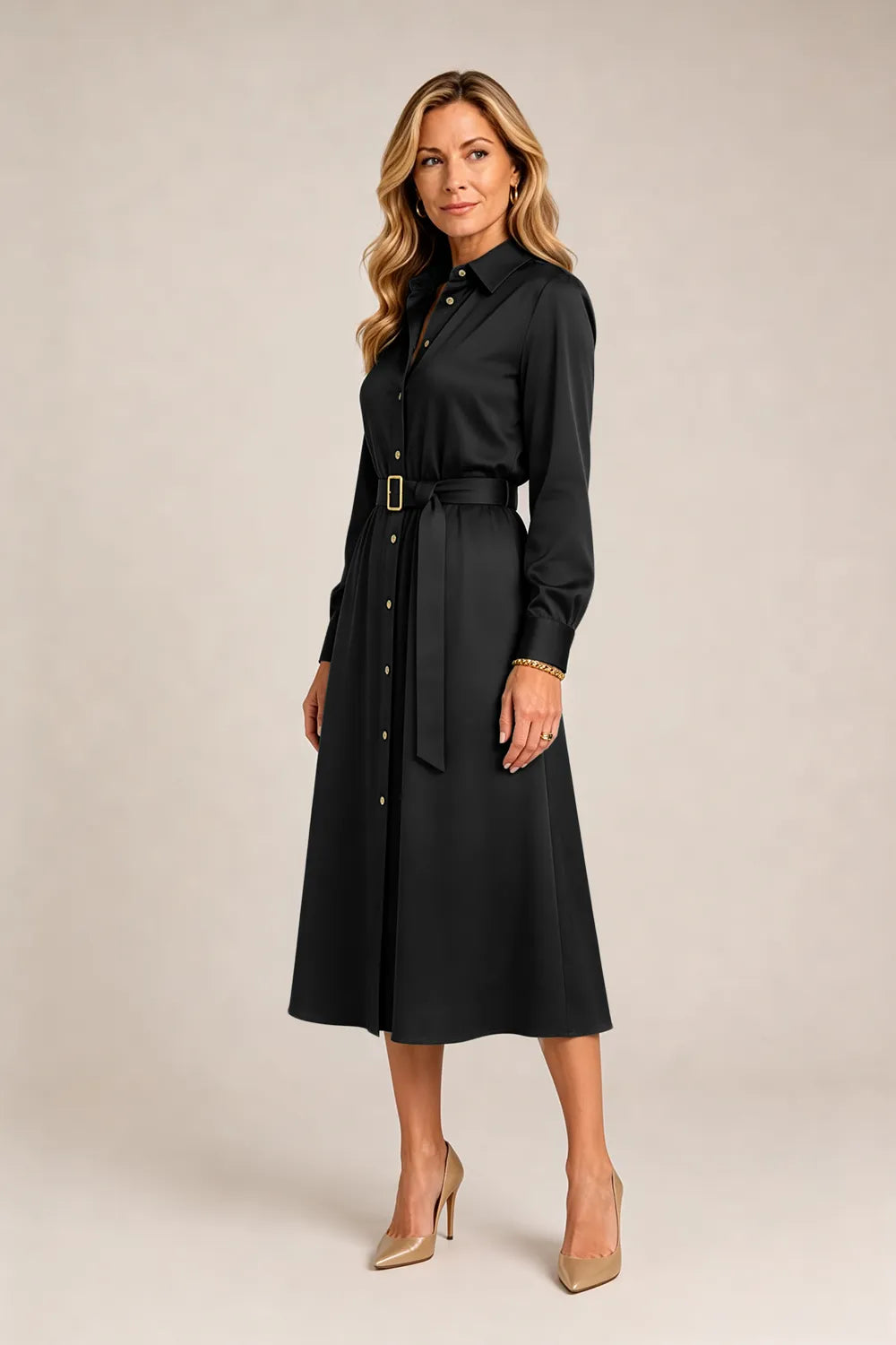 Belted Button-Front Midi Dress