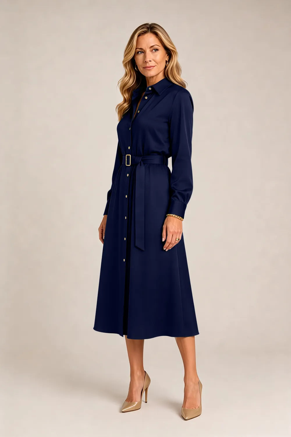 Belted Button-Front Midi Dress