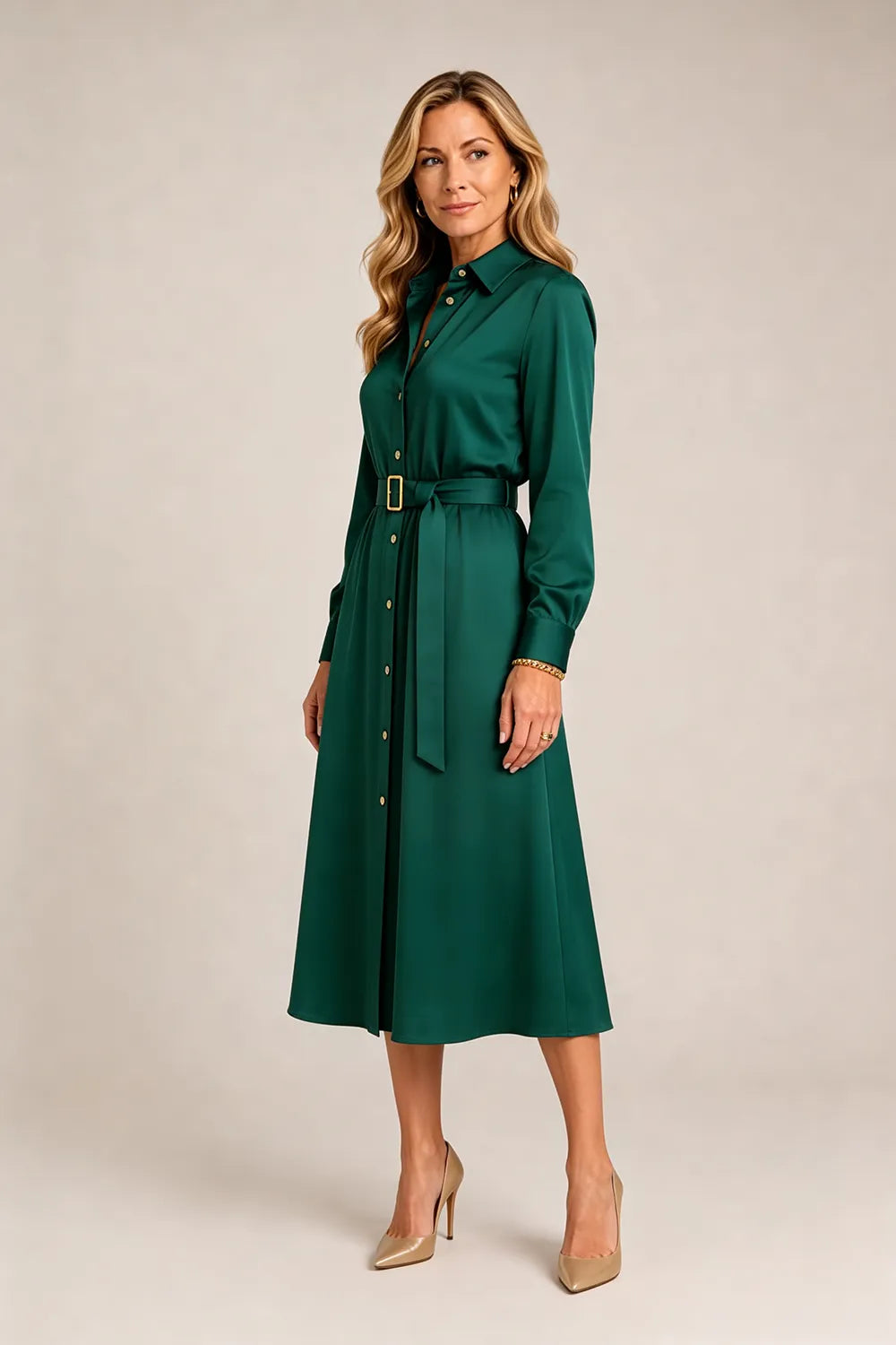 Belted Button-Front Midi Dress