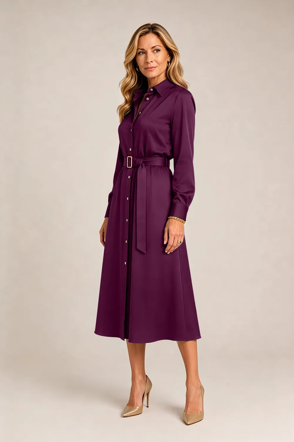 Belted Button-Front Midi Dress