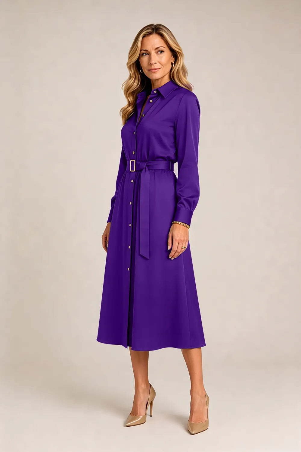 Belted Button-Front Midi Dress