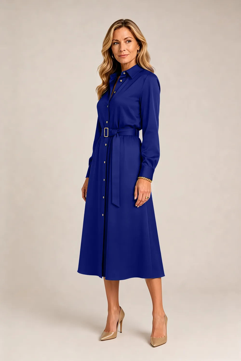 Belted Button-Front Midi Dress