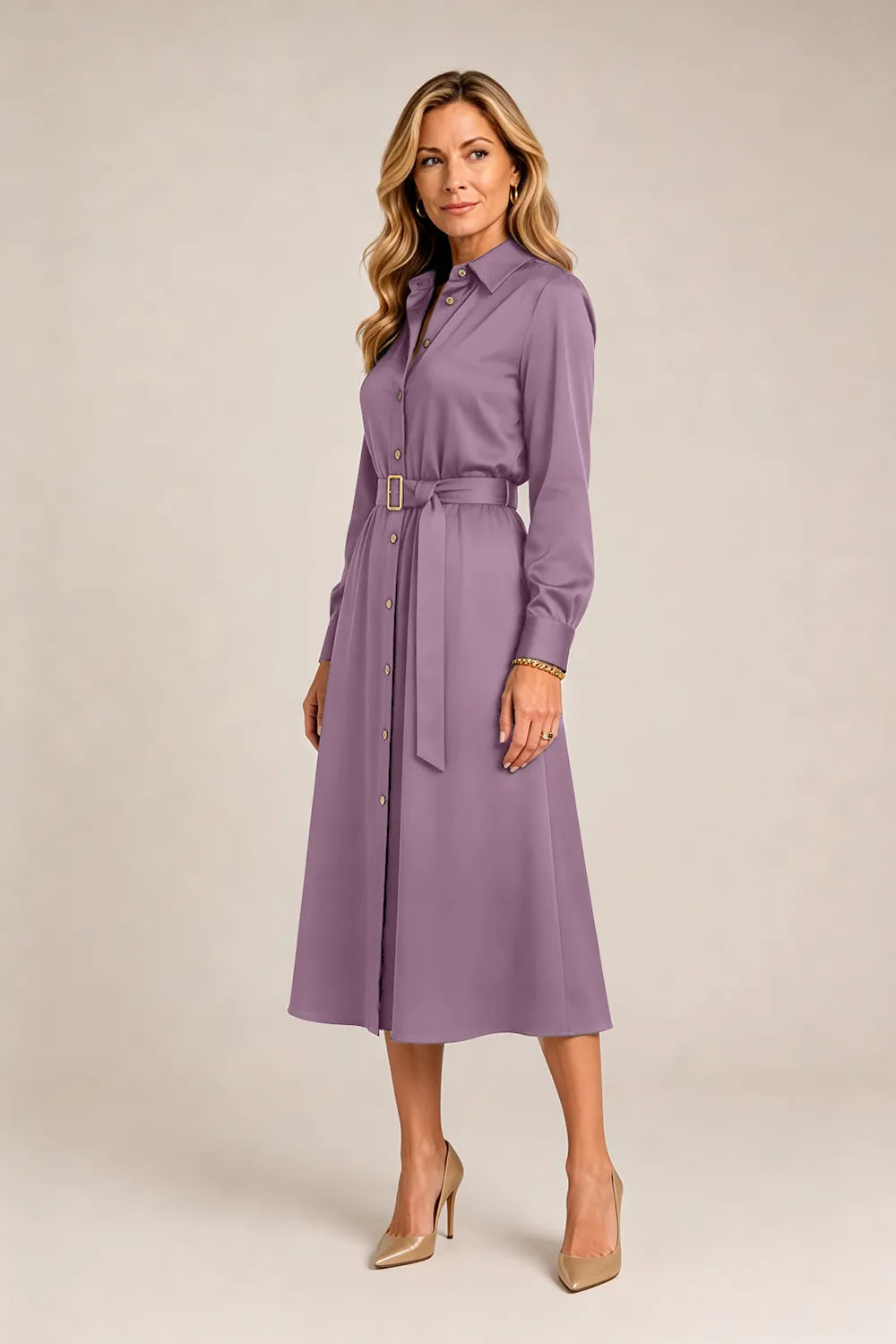 Belted Button-Front Midi Dress