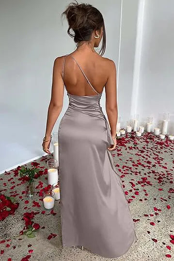 Sexy One Shoulder High Slit Satin Dress