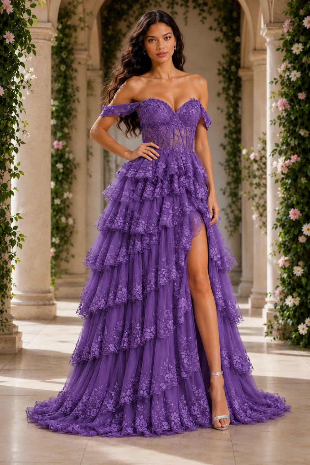 Off‑Shoulder Lace Corset Tiered Tulle Gown