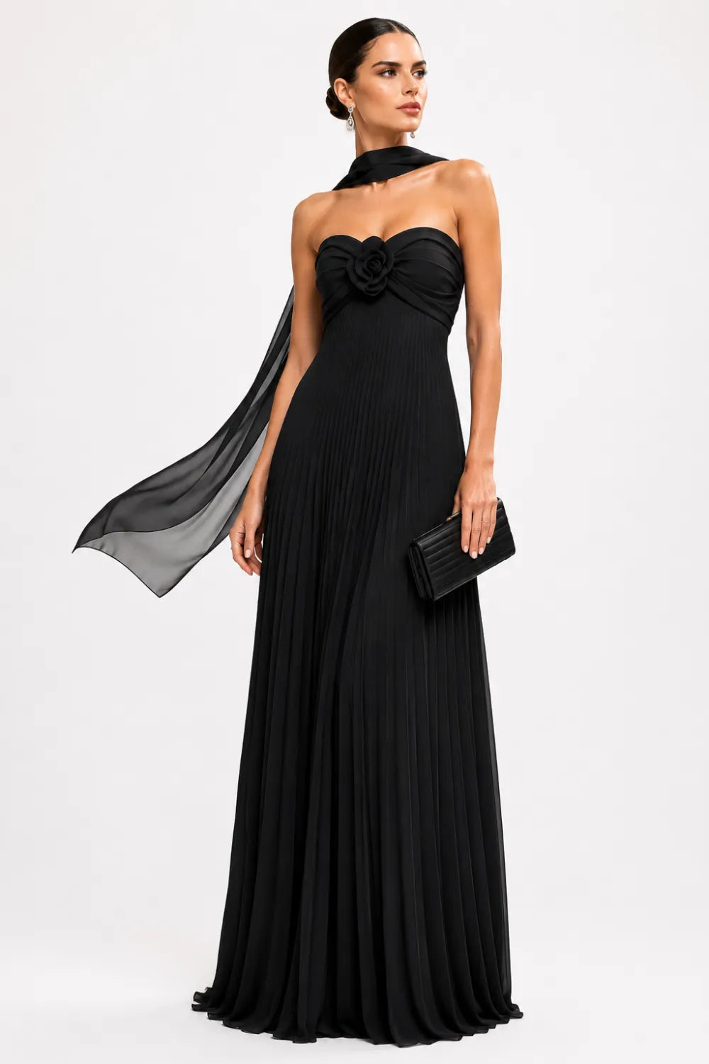 Floral Corset Pleated Chiffon Evening Gown