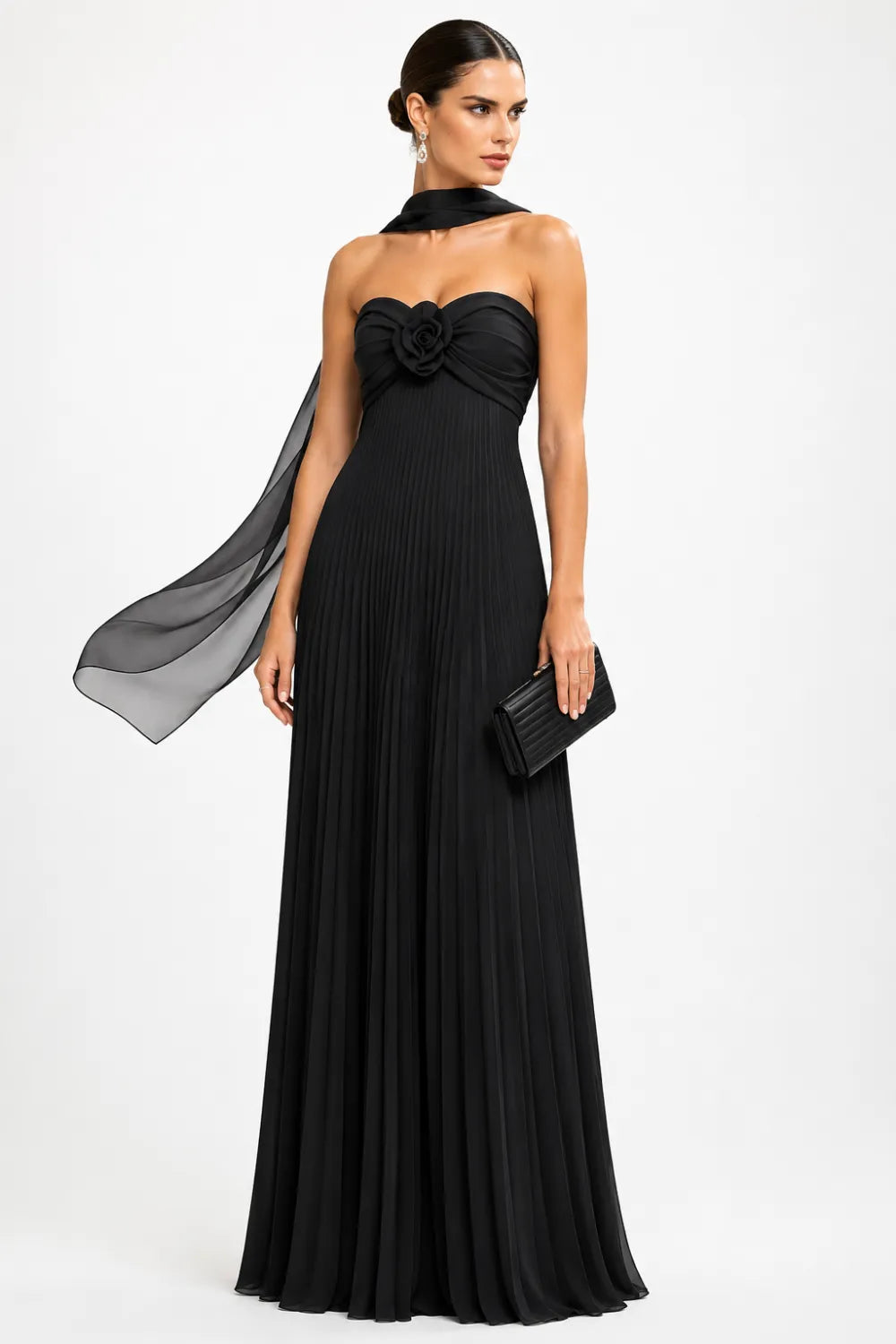 Floral Corset Pleated Chiffon Evening Gown