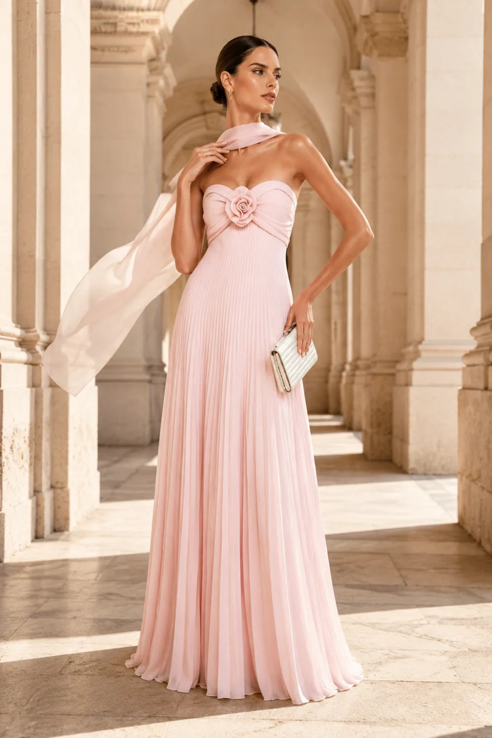 Floral Corset Pleated Chiffon Evening Gown