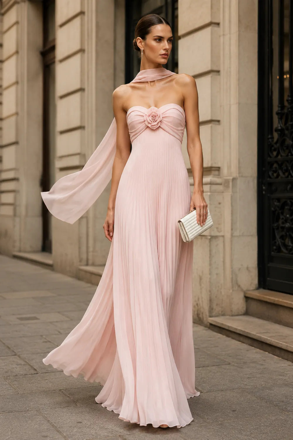 Floral Corset Pleated Chiffon Evening Gown