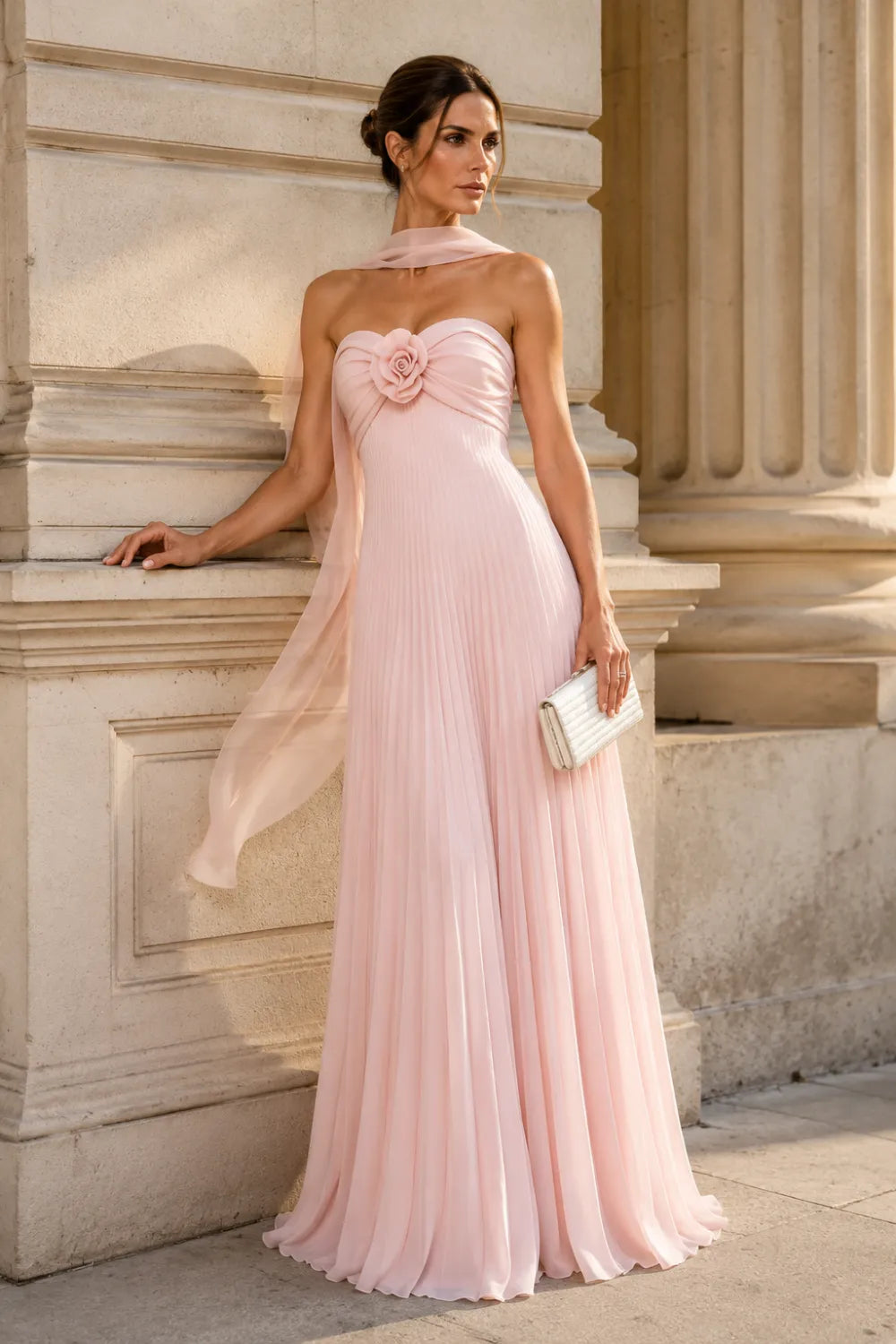 Floral Corset Pleated Chiffon Evening Gown