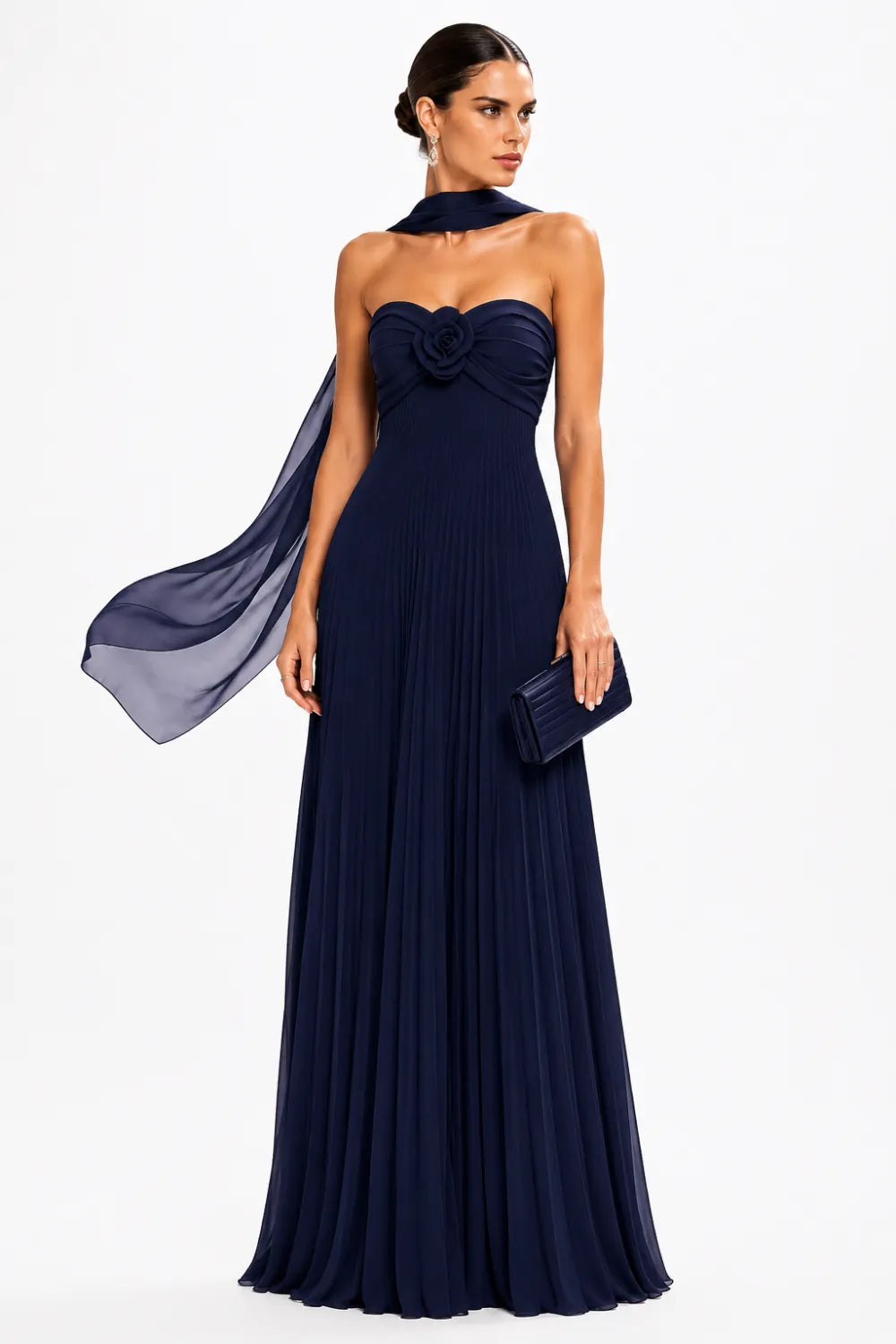 Floral Corset Pleated Chiffon Evening Gown