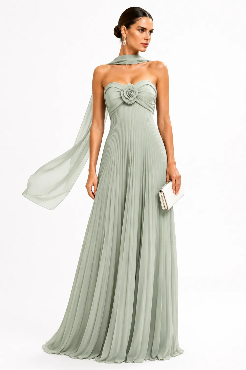 Floral Corset Pleated Chiffon Evening Gown