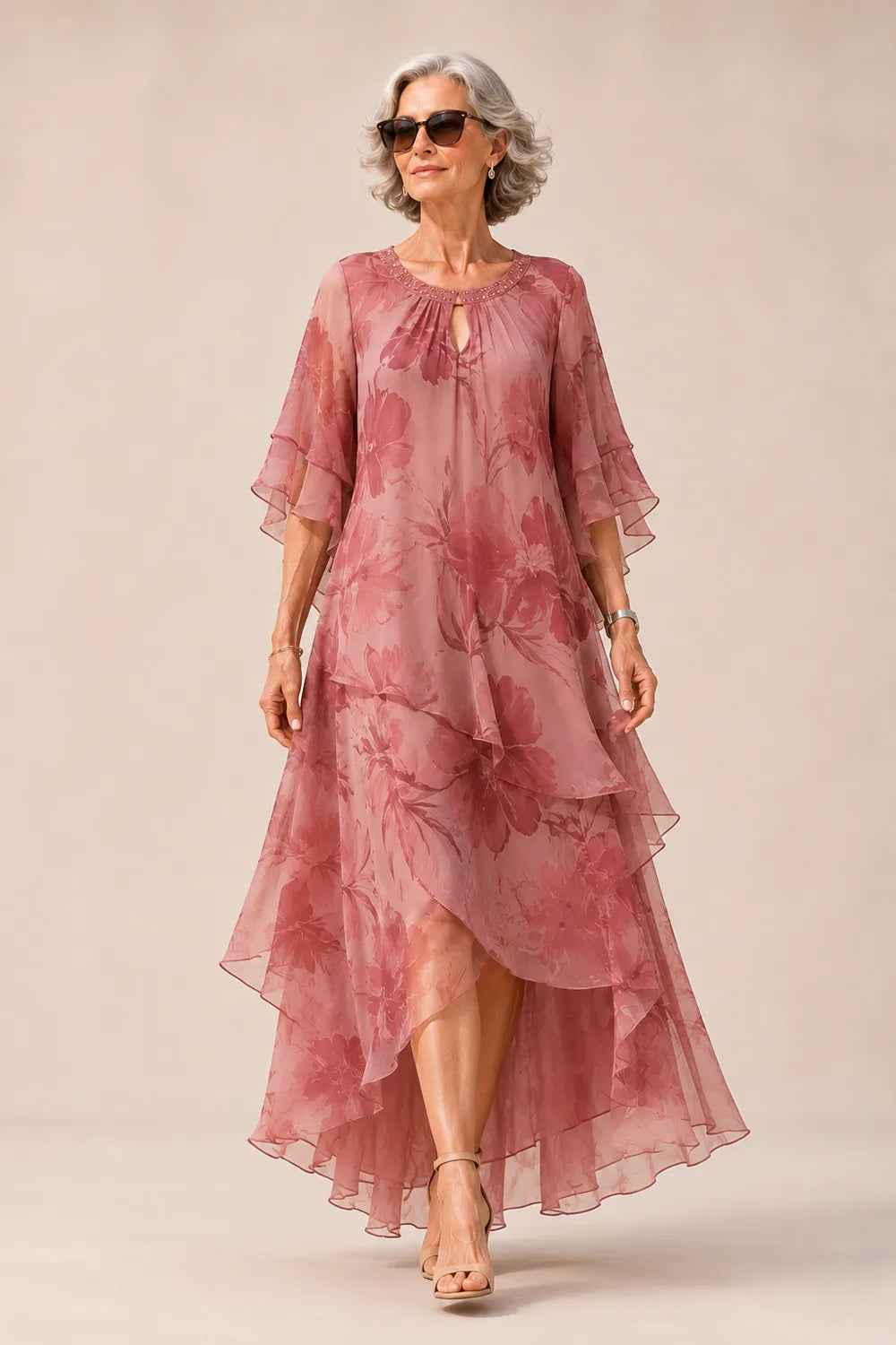 Floral Chiffon High-Low Ruffle Evening Dress