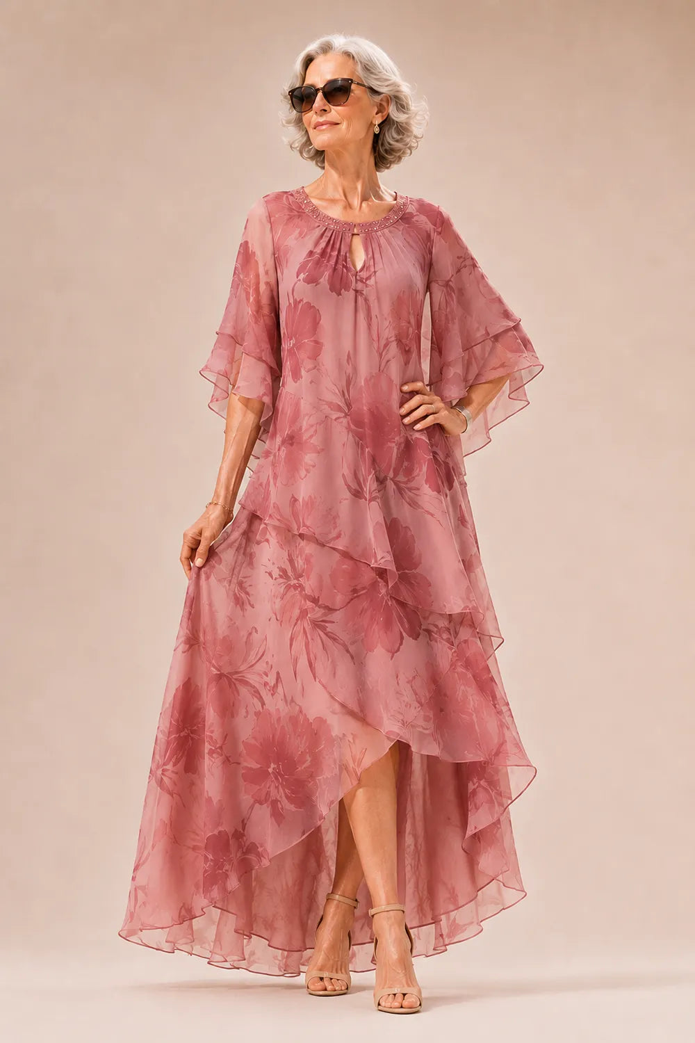 Floral Chiffon High-Low Ruffle Evening Dress