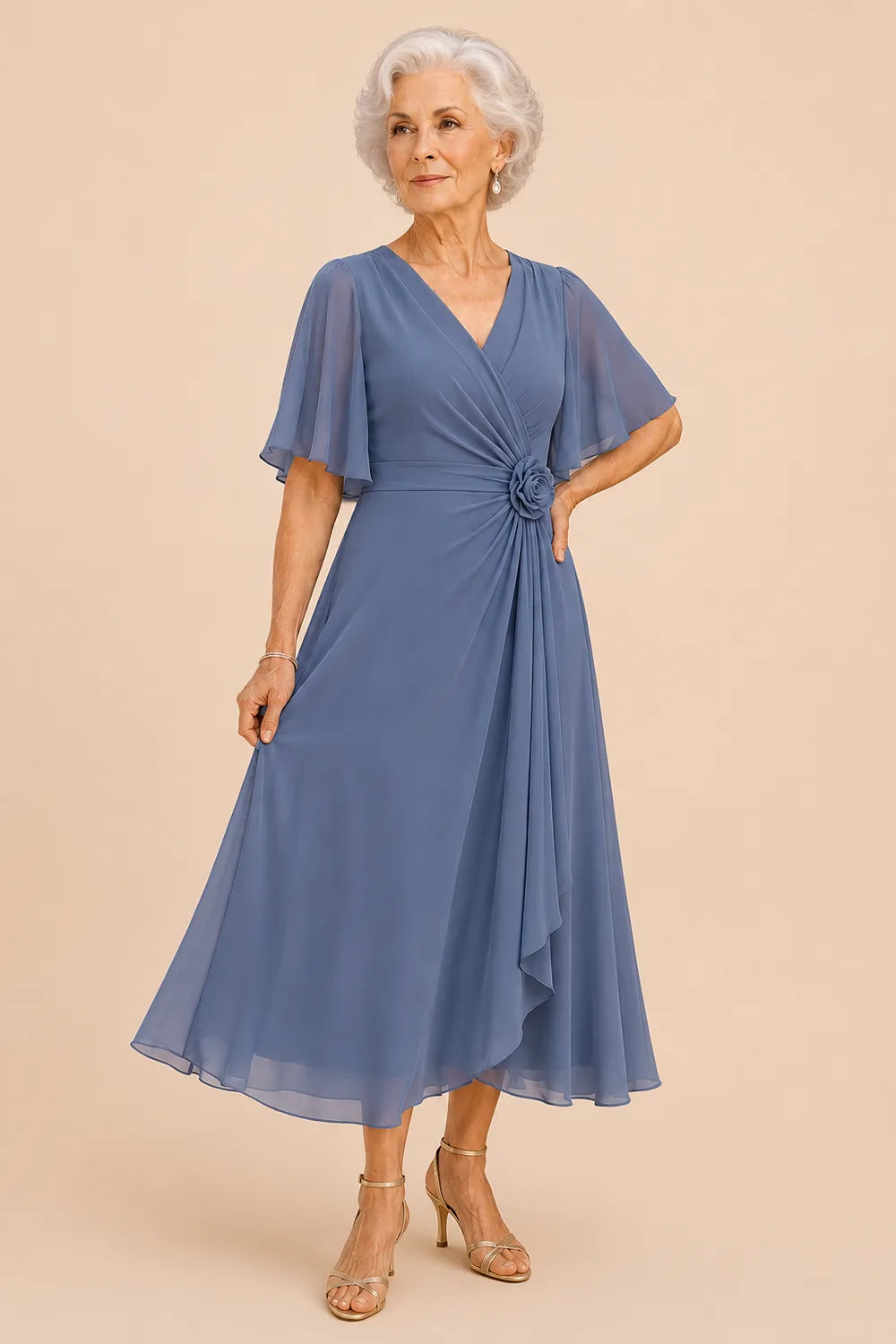 Flutter Sleeve Ruched A-Line Formal Dress