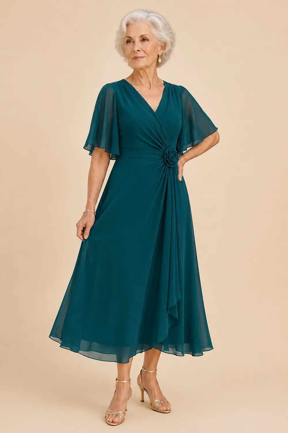 Flutter Sleeve Ruched A-Line Formal Dress