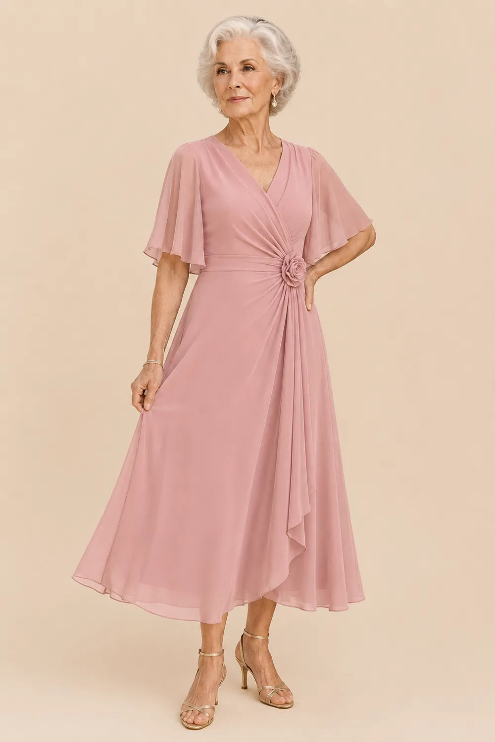 Flutter Sleeve Ruched A-Line Formal Dress