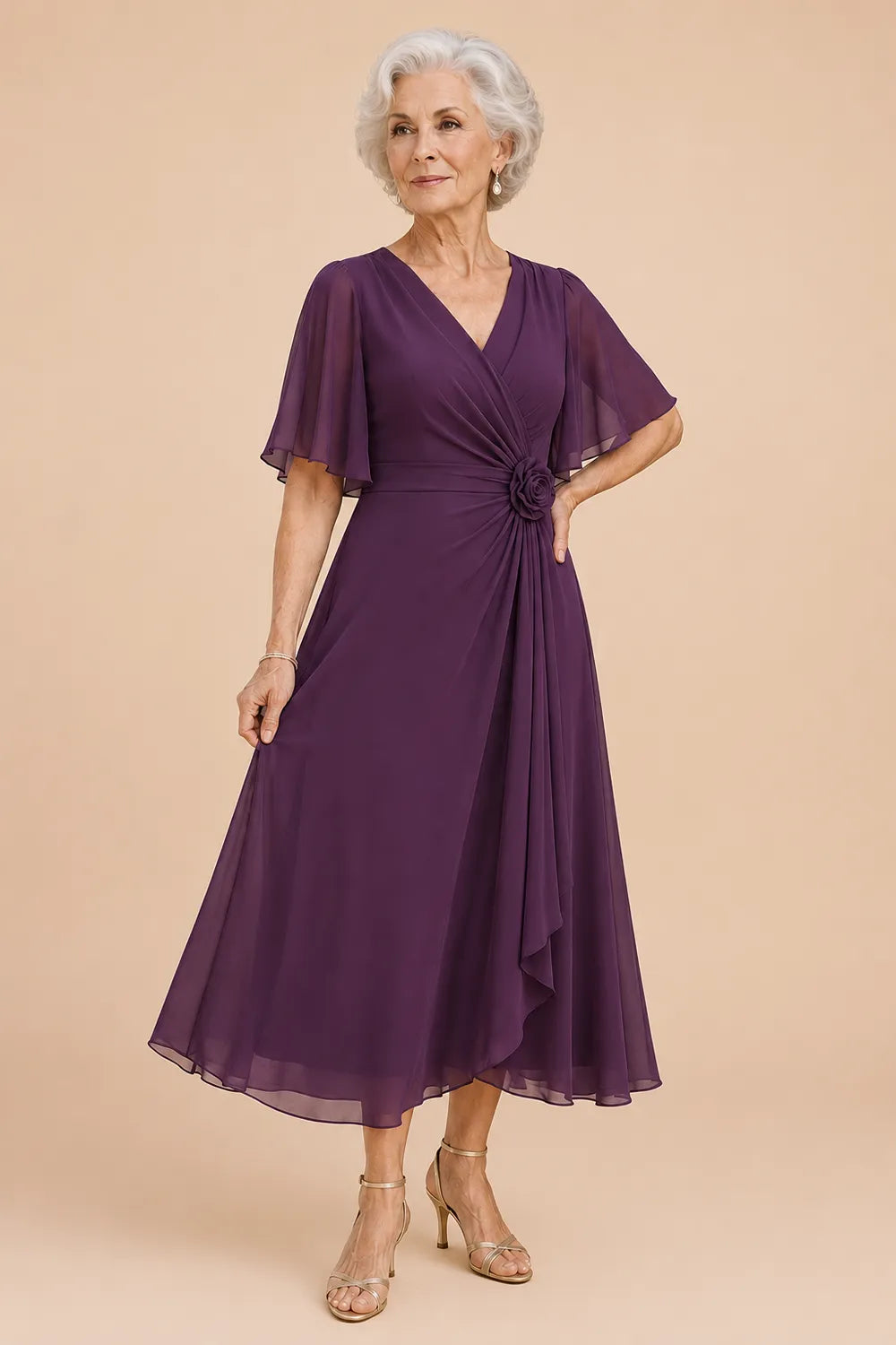 Flutter Sleeve Ruched A-Line Formal Dress