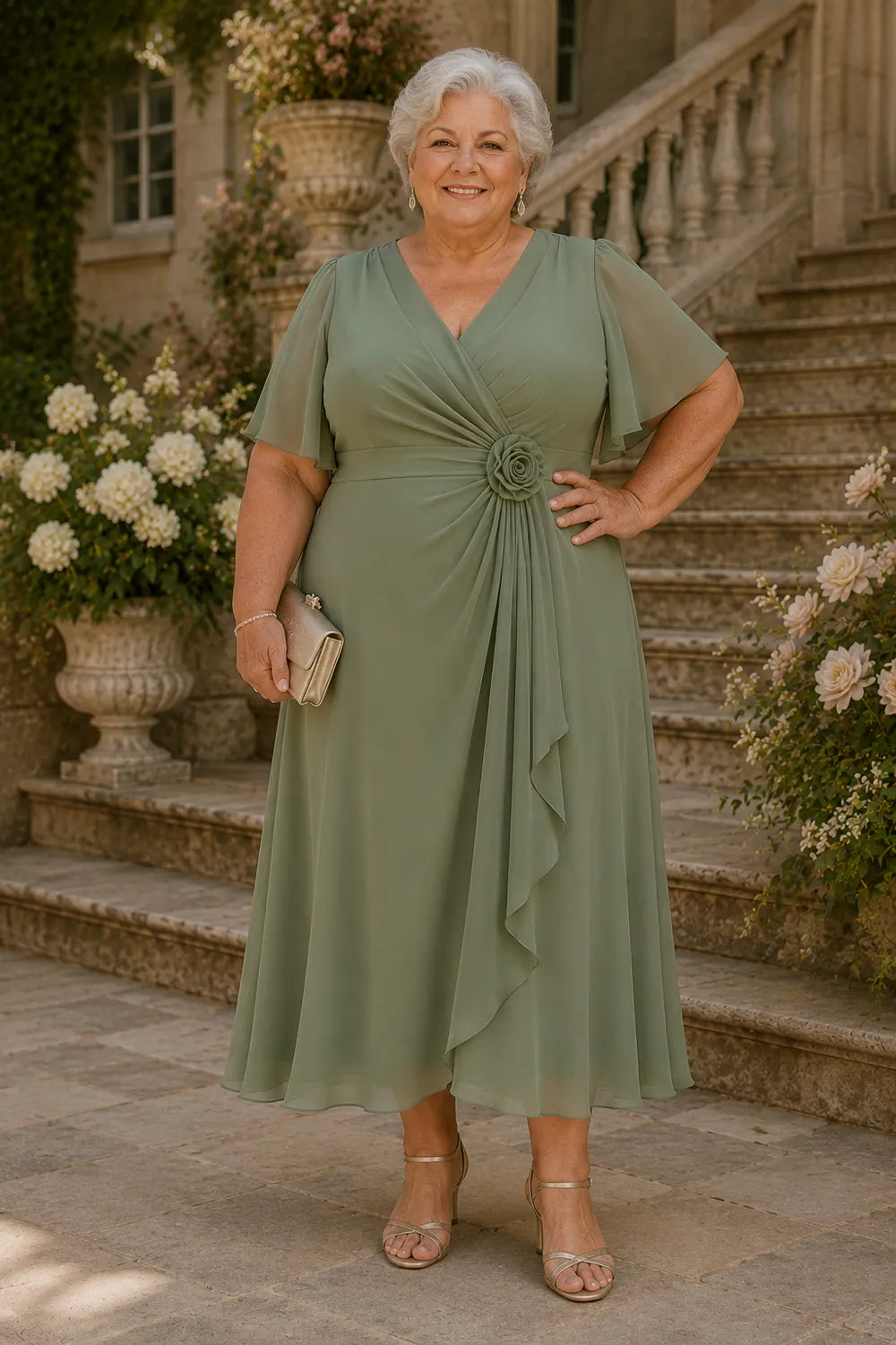 Flutter Sleeve Ruched A-Line Formal Dress