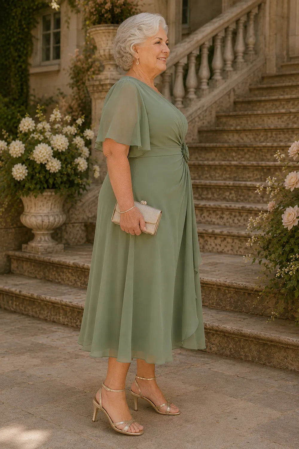Flutter Sleeve Ruched A-Line Formal Dress