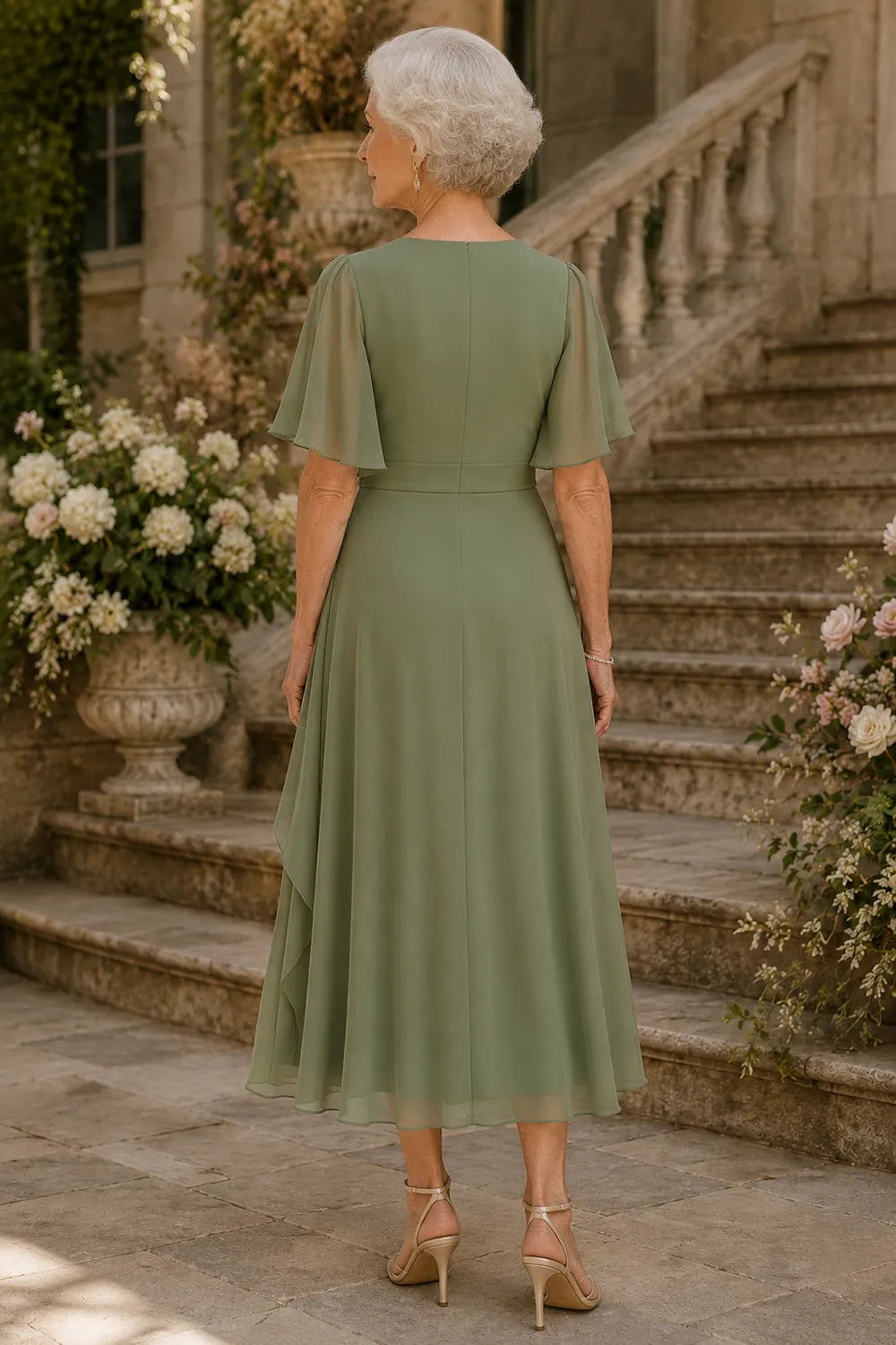 Flutter Sleeve Ruched A-Line Formal Dress